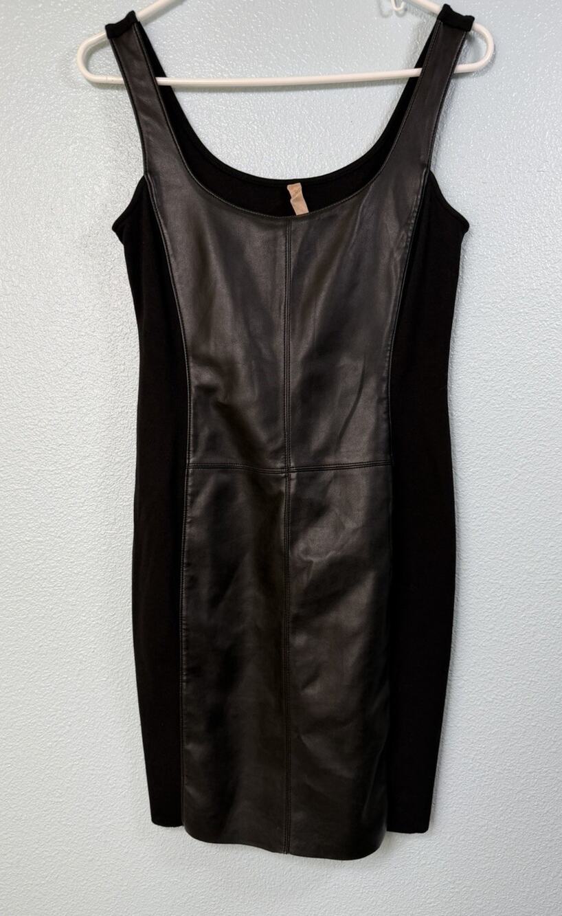 Bailey 44 Black Faux Leather Panel Bodycon Mini Dress Raw Hem Made USA Y2K